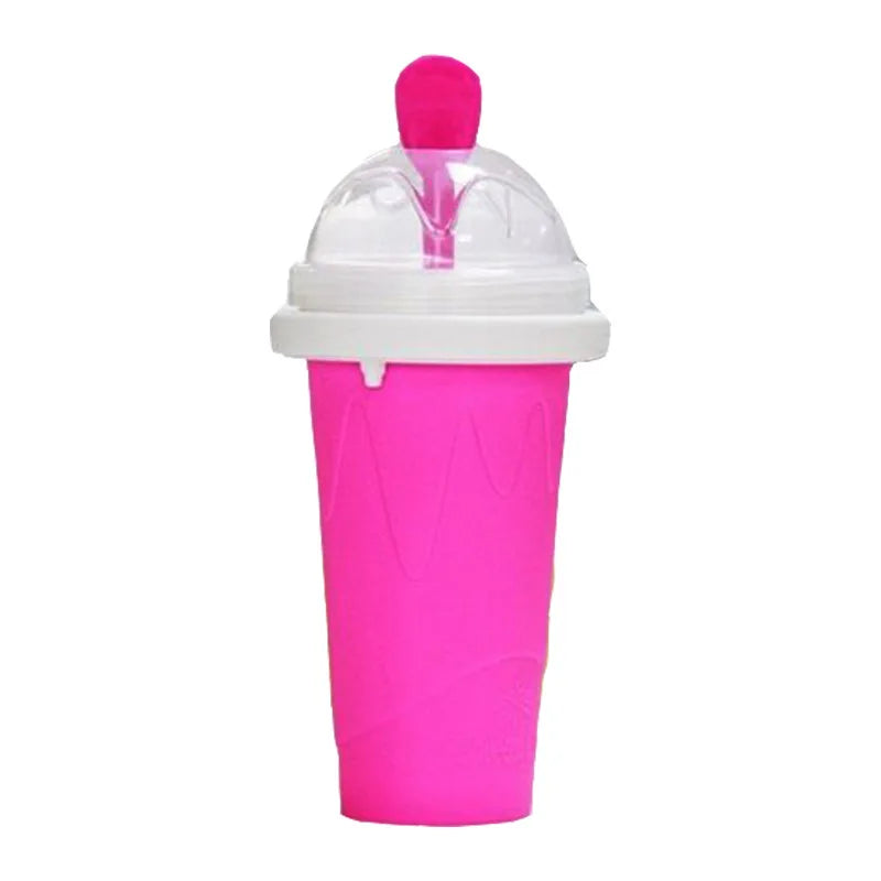 Vibrant silicone DIY slushy maker cup in bright pink color, featuring a squeeze mechanism for quick-frozen ice cream or milkshake creation.