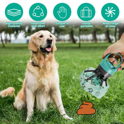 Portable dog waste cleanup tool with shovel and dispenser bag, ideal for outdoor activities with pets on grassy field