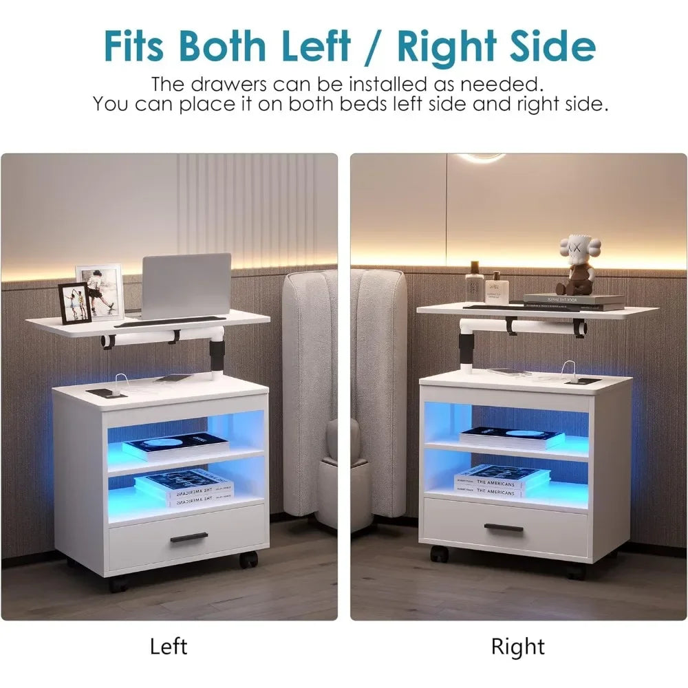 Modern white nightstand with storage drawers and LED lighting suitable for use on both left and right side of the bed.