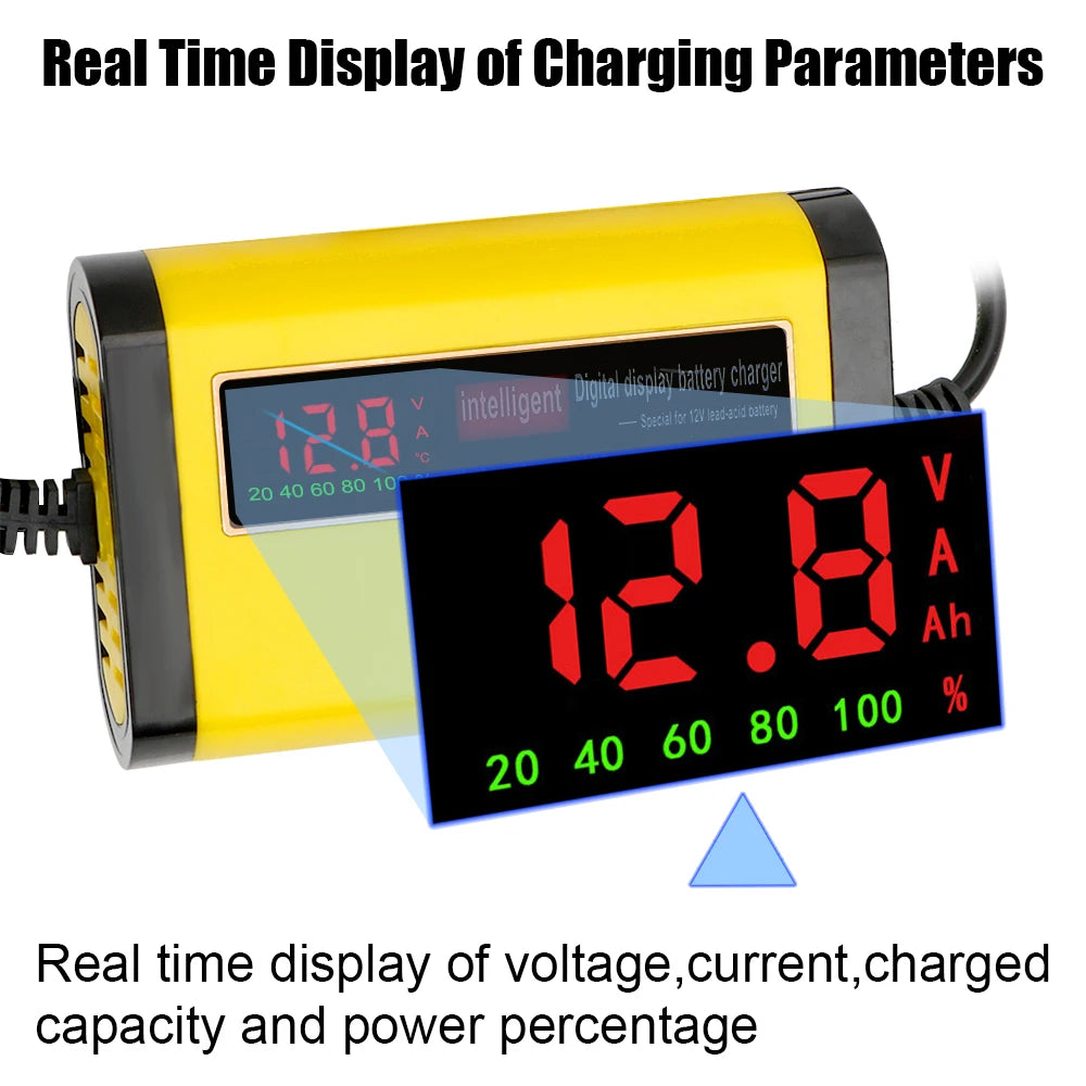 Fully Automatic Car Battery Charger with Digital LCD Display. The charger features real-time monitoring of voltage, current, charged capacity, and power percentage. It supports 3-stage charging for efficient and safe battery charging.