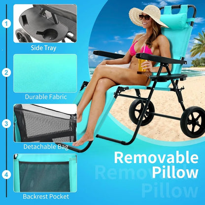 Comfortable folding beach chair with wheels, removable pillow, and side tray for drinks