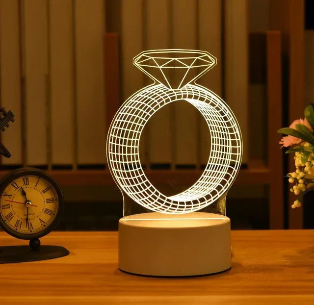 Romantic diamond ring 3D acrylic LED lamp for home, children's night light, table lamp, Christmas party decor, Valentine's Day bedside lamp