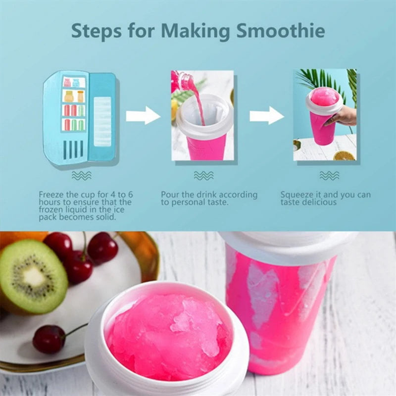 Vibrant pink slushie mug with fresh fruit ingredients and steps for making a delicious homemade smoothie