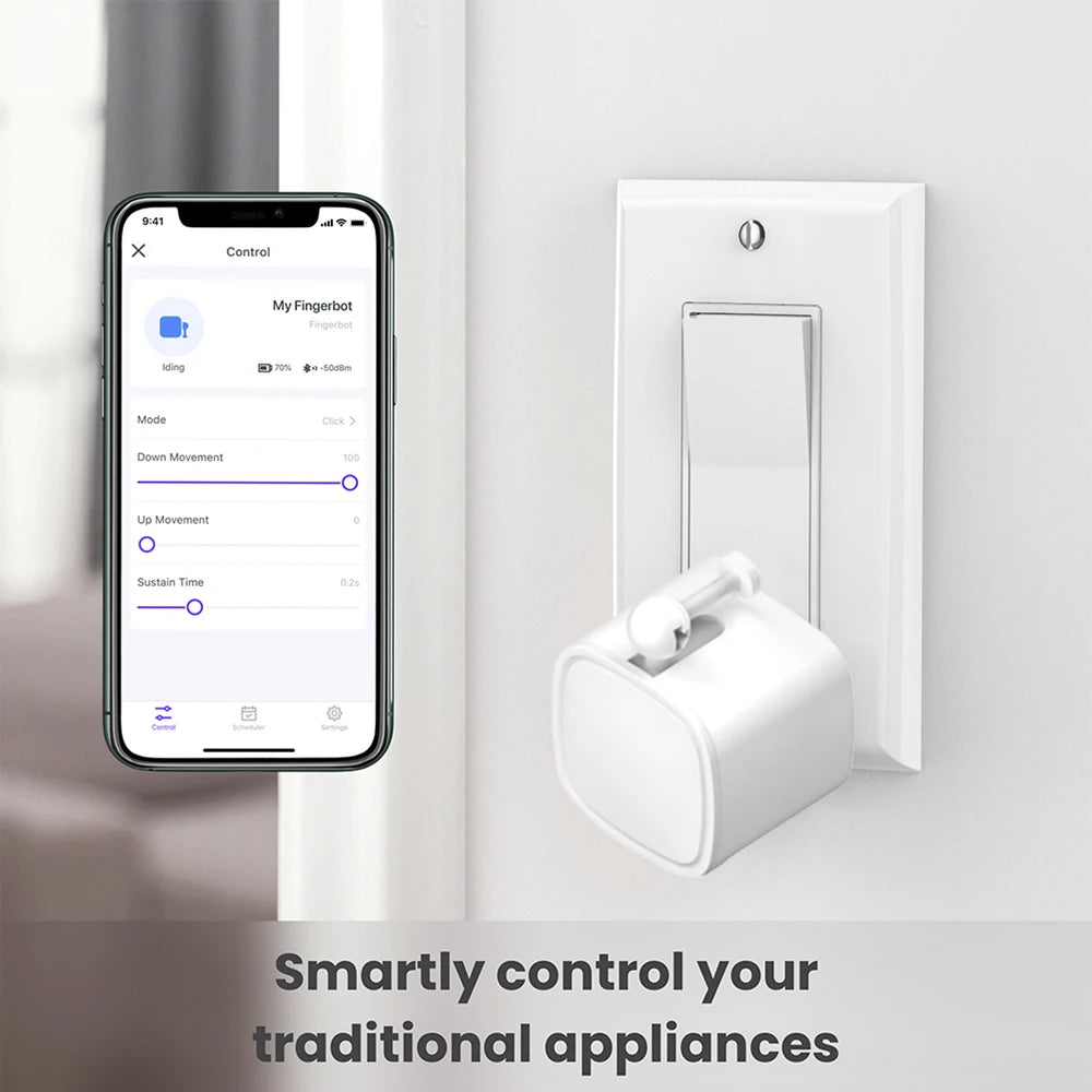 Smartly control your traditional appliances with the Tuya Bluetooth finger robot switch button pusher. The smart home gadget connects to a mobile app, allowing you to wirelessly automate and manage your household devices.