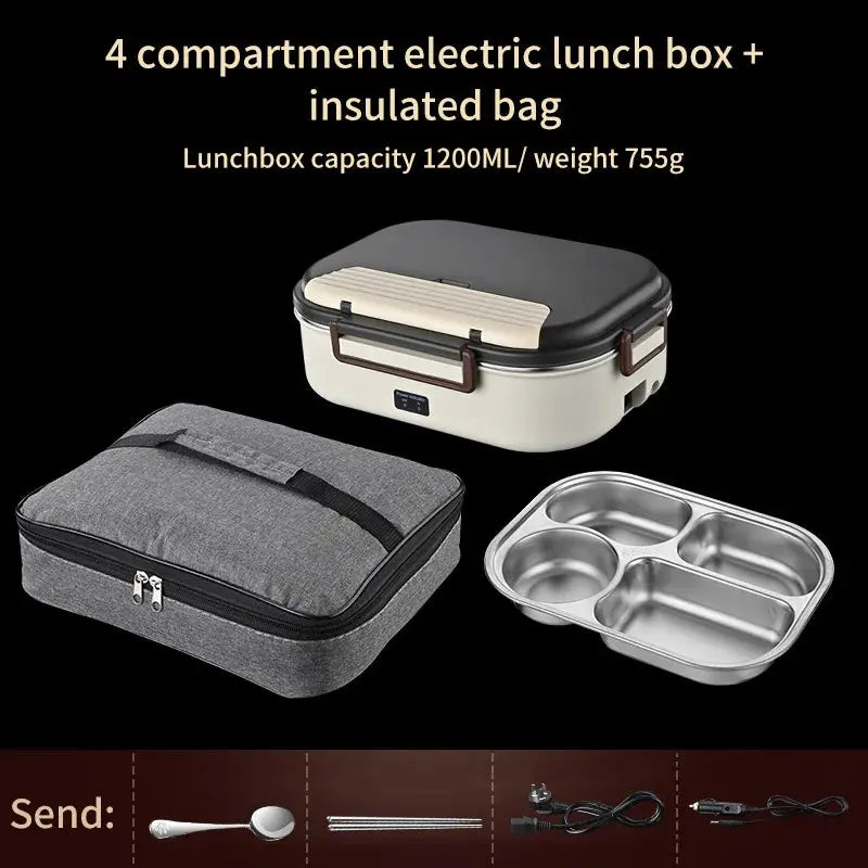 4-compartment electric lunch box with insulated bag
Stainless steel lunch box with 1200ml capacity and 755g weight, includes insulated carrying bag