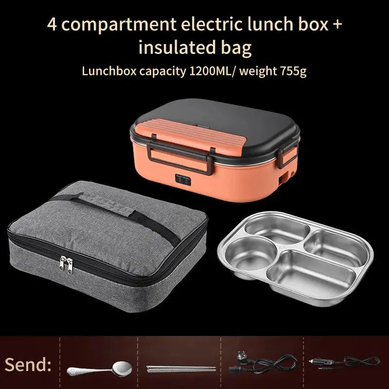 Stainless steel electric food insulation bento lunch box with 4 compartments, insulated carrying bag, and 12V/220V heating capability for home or car use.
