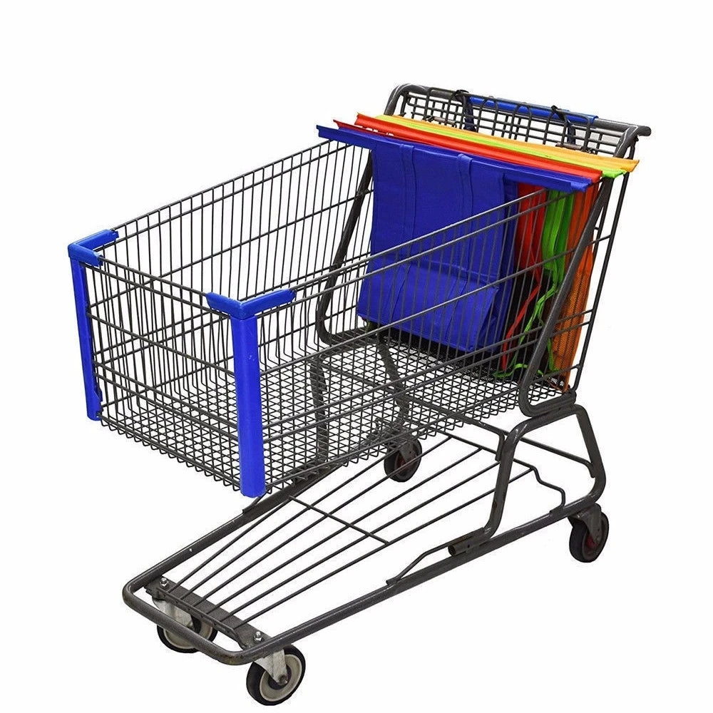 Foldable, reusable grocery shopping carts in vibrant colors placed in a metal shopping cart frame.