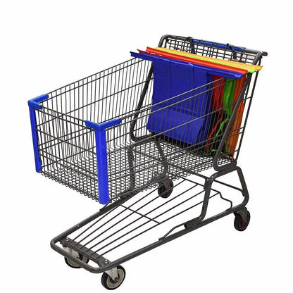 Foldable, reusable grocery shopping carts in vibrant colors placed in a metal shopping cart frame.