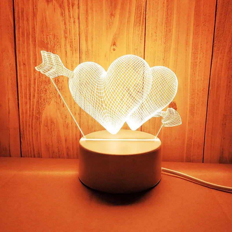 Romantic love 3D acrylic LED lamp featuring illuminated hearts and arrow on wooden background