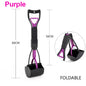 Long-handled pet pooper scooper in purple and black with folding design for convenient storage and transport. This versatile dog and cat waste cleaning tool features a jaw-like pickup mechanism to efficiently collect and dispose of pet waste.