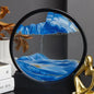 Mesmerizing 3D Moving Sand Art Picture in Round Glass Hourglass. Flowing blue and gold sand creates a captivating deep sea sandscape effect, perfect for office or home decor.