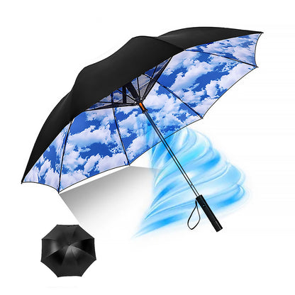Portable umbrella with a fan, featuring a sky-blue cloud pattern and black frame. The umbrella provides both sun protection and a refreshing breeze, making it a versatile outdoor accessory.