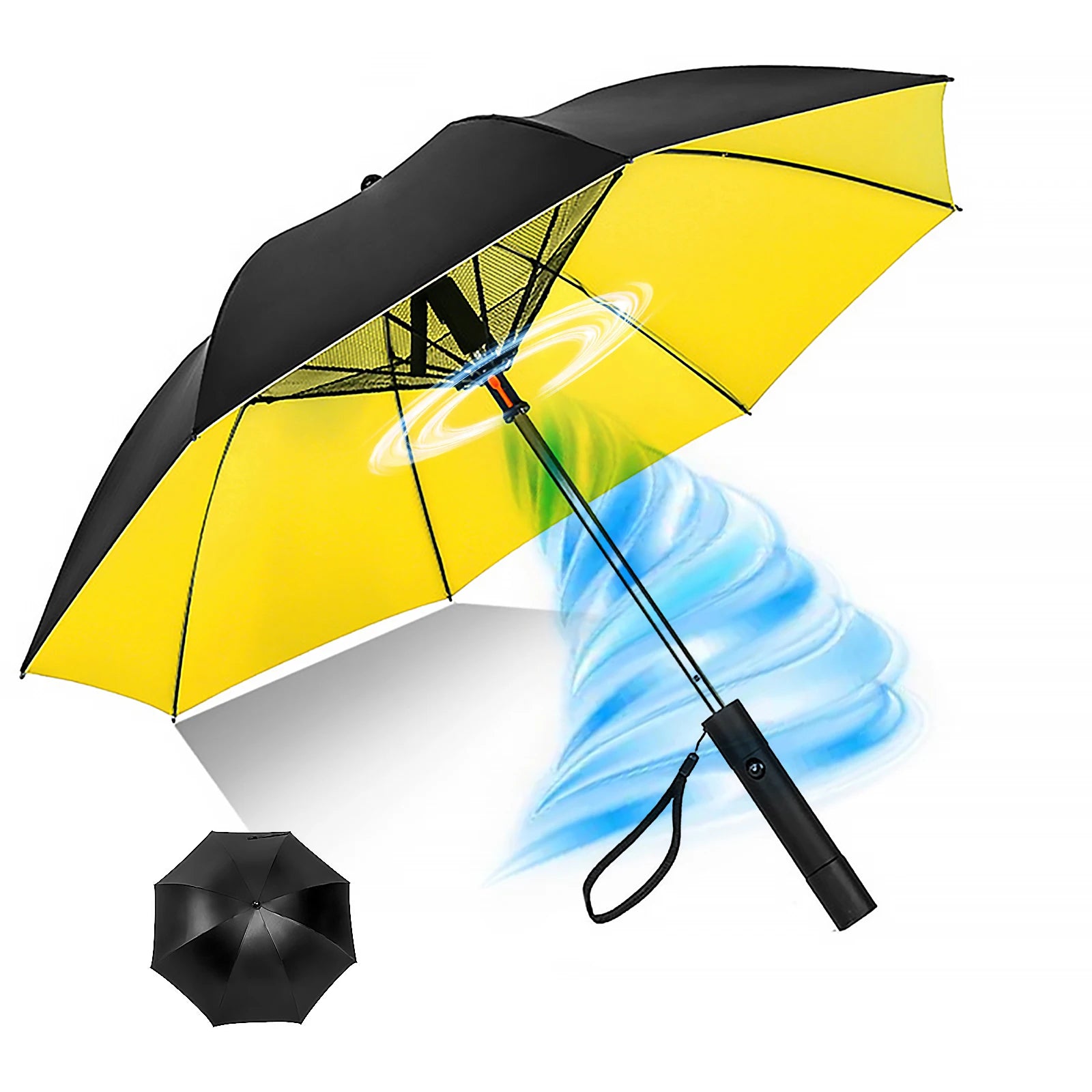 Portable Umbrella with Fan, USB Rechargeable, Powerful Wind Design, Sleek Black and Yellow Color Scheme