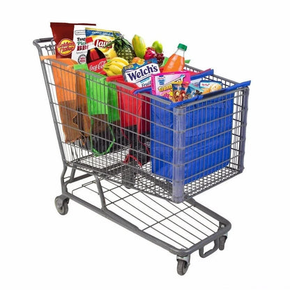 Supermarket shopping cart filled with assorted grocery items including canned goods, snacks, and fresh produce.