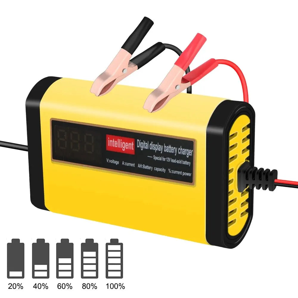 Compact digital car battery charger with LCD display and 3-stage charging for lead-acid, AGM, and GEL batteries.