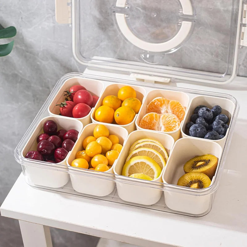 Divided Fruit Storage Tray - Assorted fresh fruits including tomatoes, lemons, oranges, and blueberries neatly organized in a clear, portable storage container with compartments.