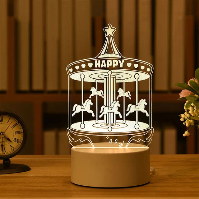 Romantic carousel-shaped 3D acrylic LED lamp featuring a happy design with cutout silhouettes of horses and a star decoration, creating a warm, whimsical ambiance for home decor, children's nightlight, or party decorations.