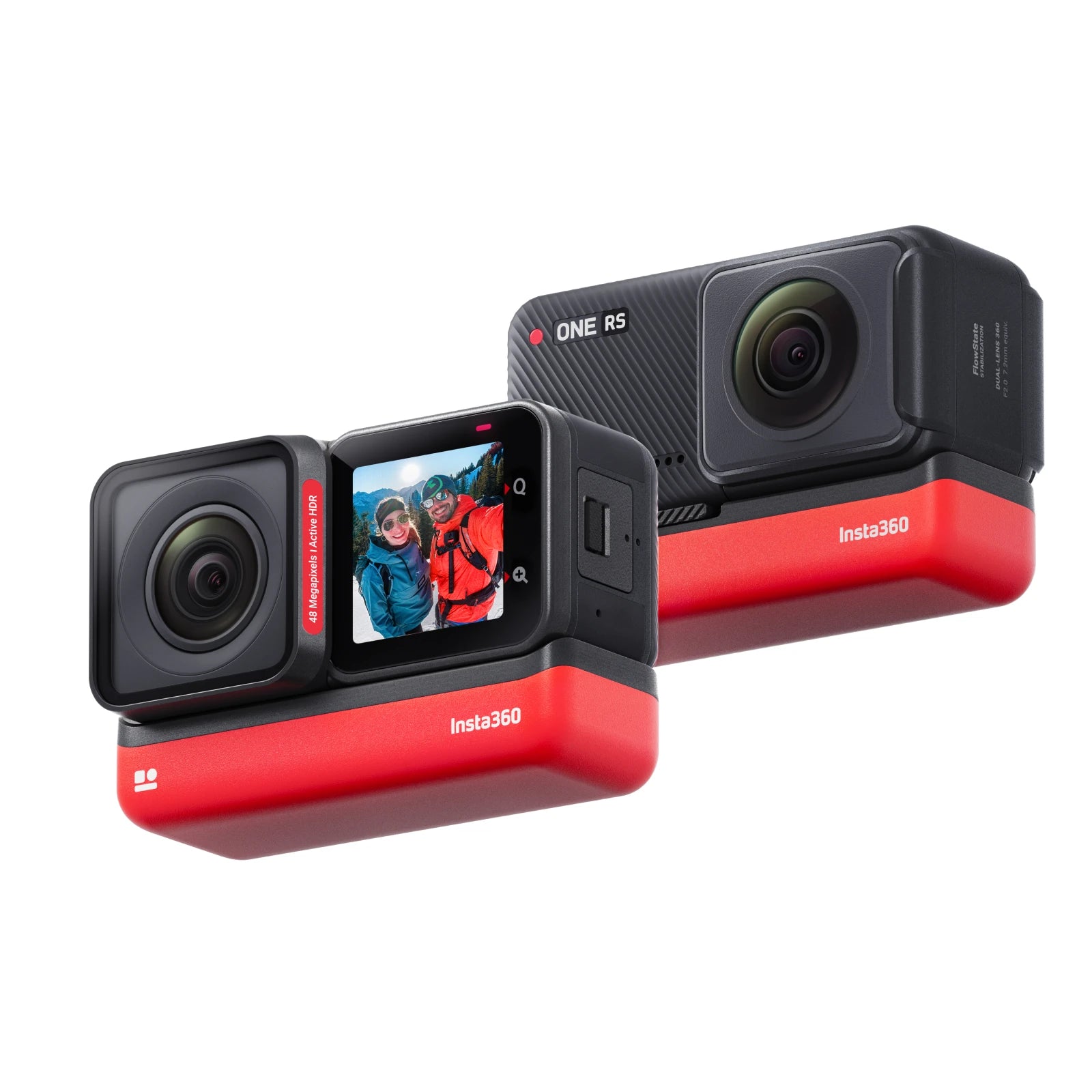 Sleek 4K 60fps action camera and 5.7K 360 camera with interchangeable lenses, showcased in a striking red and black design.