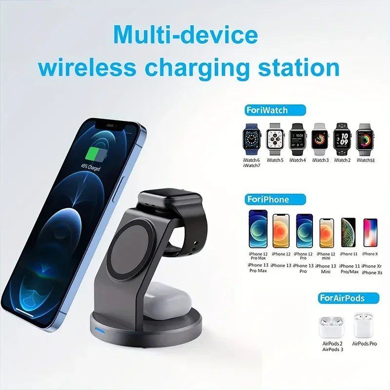 3 In 1 Mangetic Wireless Charger Stand For Iphone 15 14 13 12 Pro Max Apple Watch 8 7 6 Airprods Pro Fast Charging Dock Station - naiveniche