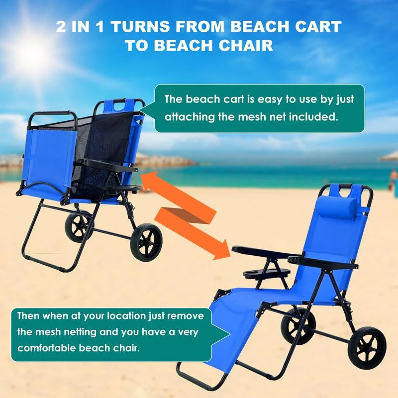 Folding Beach Cart with Adjustable Reclining Chair and Cooler Pouch