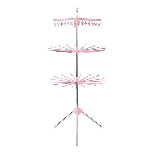 Foldable 3-tier stainless steel clothes drying rack with pink accents, a practical household laundry essential.
