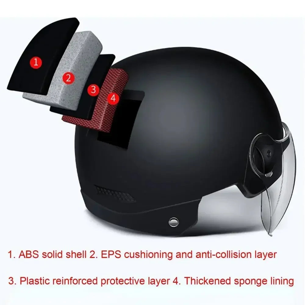 Classic retro motorcycle helmet with ABS shell, EPS cushioning, protective layer, and sponge lining for safety and comfort during cycling or riding.