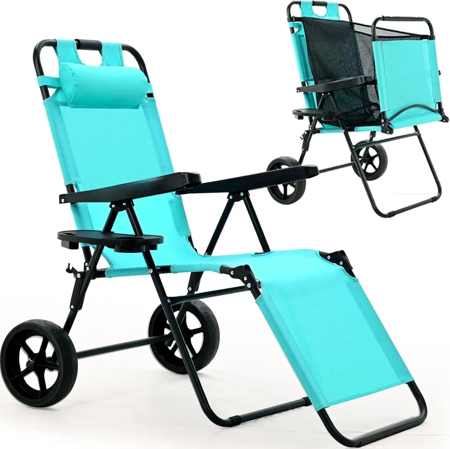 Teal-colored folding beach chair with wheels and a footrest, designed for adults. The chair has a sturdy metal frame and a durable mesh fabric seat. It can be easily transported and set up at the beach or other outdoor locations.