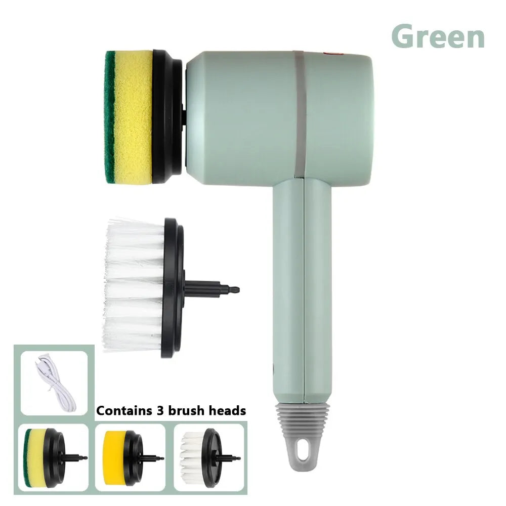 Compact green electric cleaning brush with multi-functional brush heads, USB rechargeable design, and convenient household cleaning gadget.