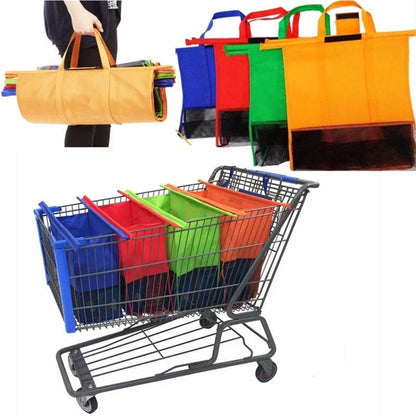 Colorful reusable grocery shopping bags in a shopping cart