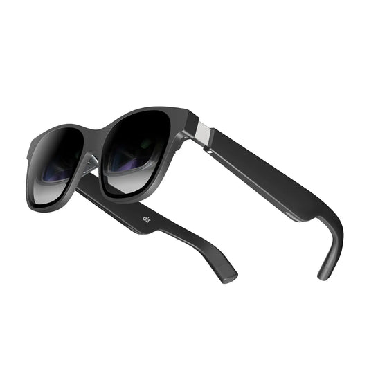 Sleek and modern portable AR glasses with a large 130-inch virtual screen, full HD 1080p resolution, and a stylish black frame design.