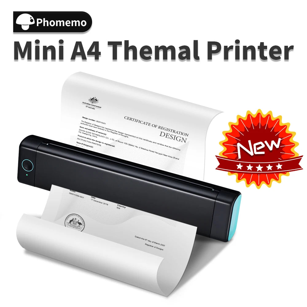 Compact thermal printer for A4 printing on-the-go with wireless connectivity for home, office and travel use.