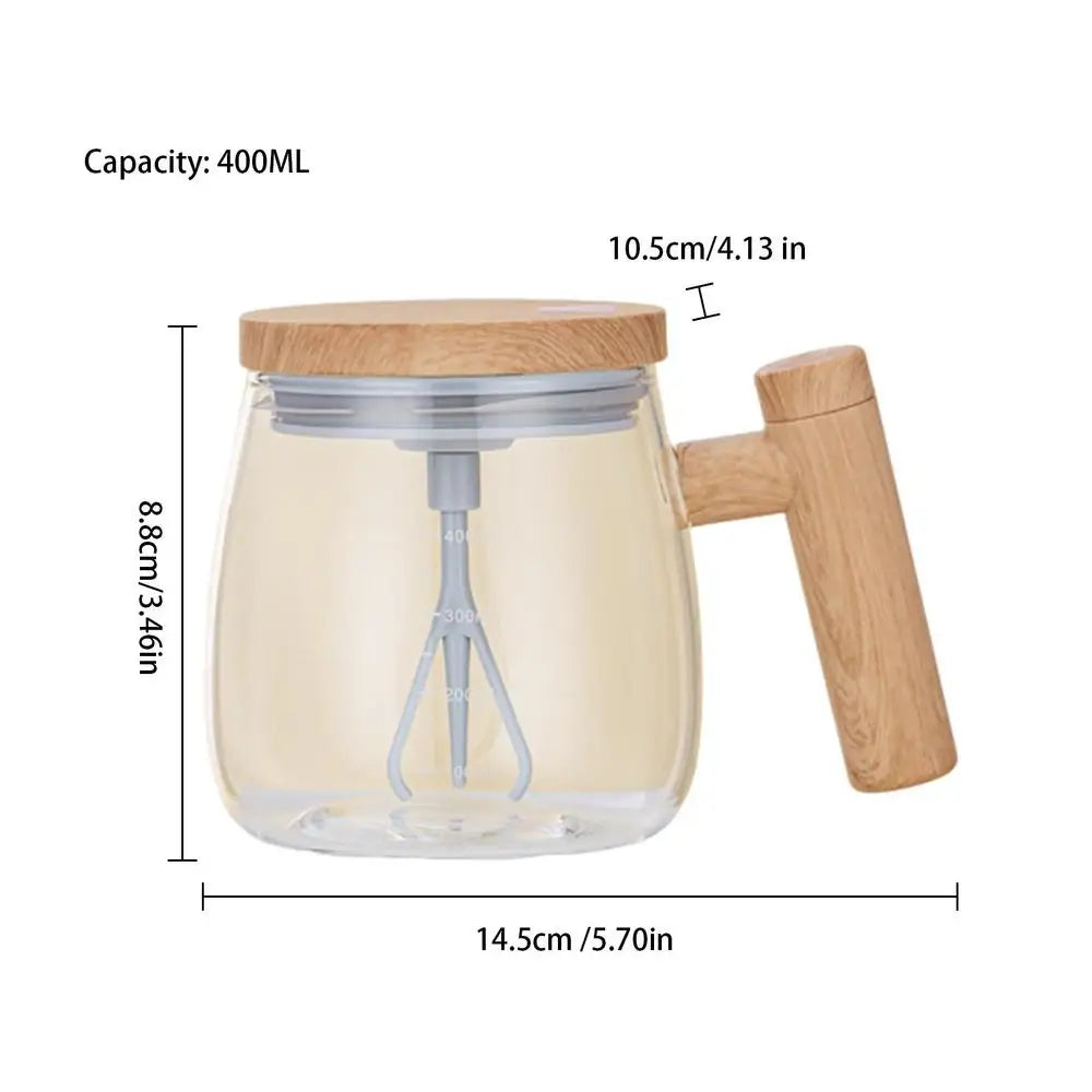 400ml Portable Electric Self Stirring Coffee Mug with Glass Inner Tank and Wooden Lid