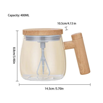 400ml Portable Electric Self Stirring Coffee Mug with Glass Inner Tank and Wooden Lid