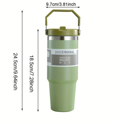 Vacuum insulated double-layer stainless steel olive green portable water cup with handle, 20oz/600ml capacity.
