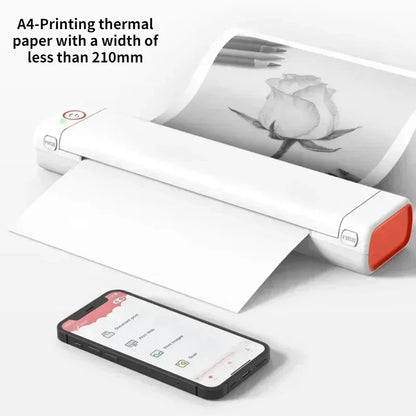 A4-sized portable thermal printer with wireless mobile connectivity for printing from Android, iOS, and laptops. Compact, travel-friendly design with high-quality print output.