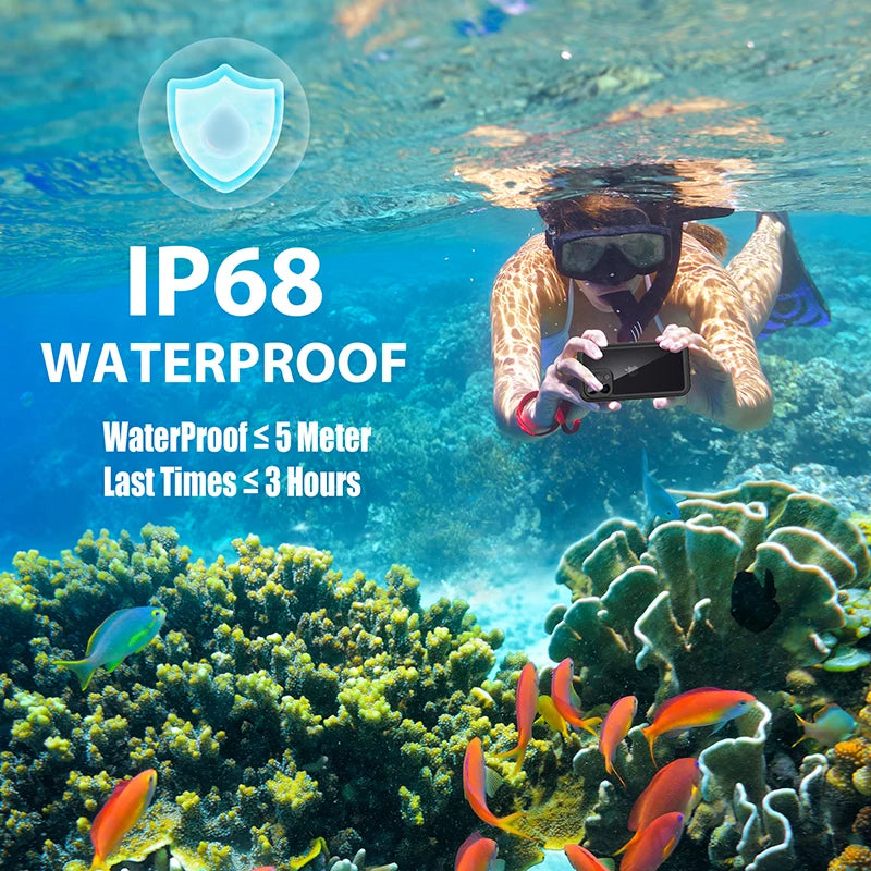 IP68 waterproof smartphone case for iPhone 15, 14, 13, 12, 11, Pro Max, XS Max, XR, SE, 7 and 8 by RedPepper. Underwater diving, swimming, and outdoor sports capable with up to 5 meter waterproof depth and 3 hours of use.