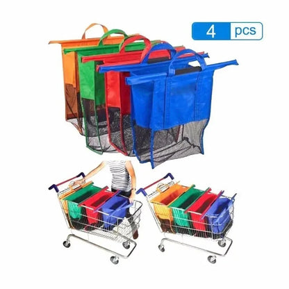 Foldable, reusable grocery bags in a variety of vibrant colors - red, green, and blue - neatly stacked and displayed alongside shopping cart organizers in the image.