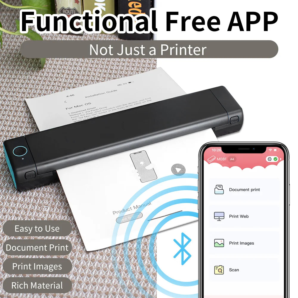 Compact portable thermal printer with wireless mobile connectivity, supports A4 paper, and functional companion app for versatile printing needs in office or on-the-go.