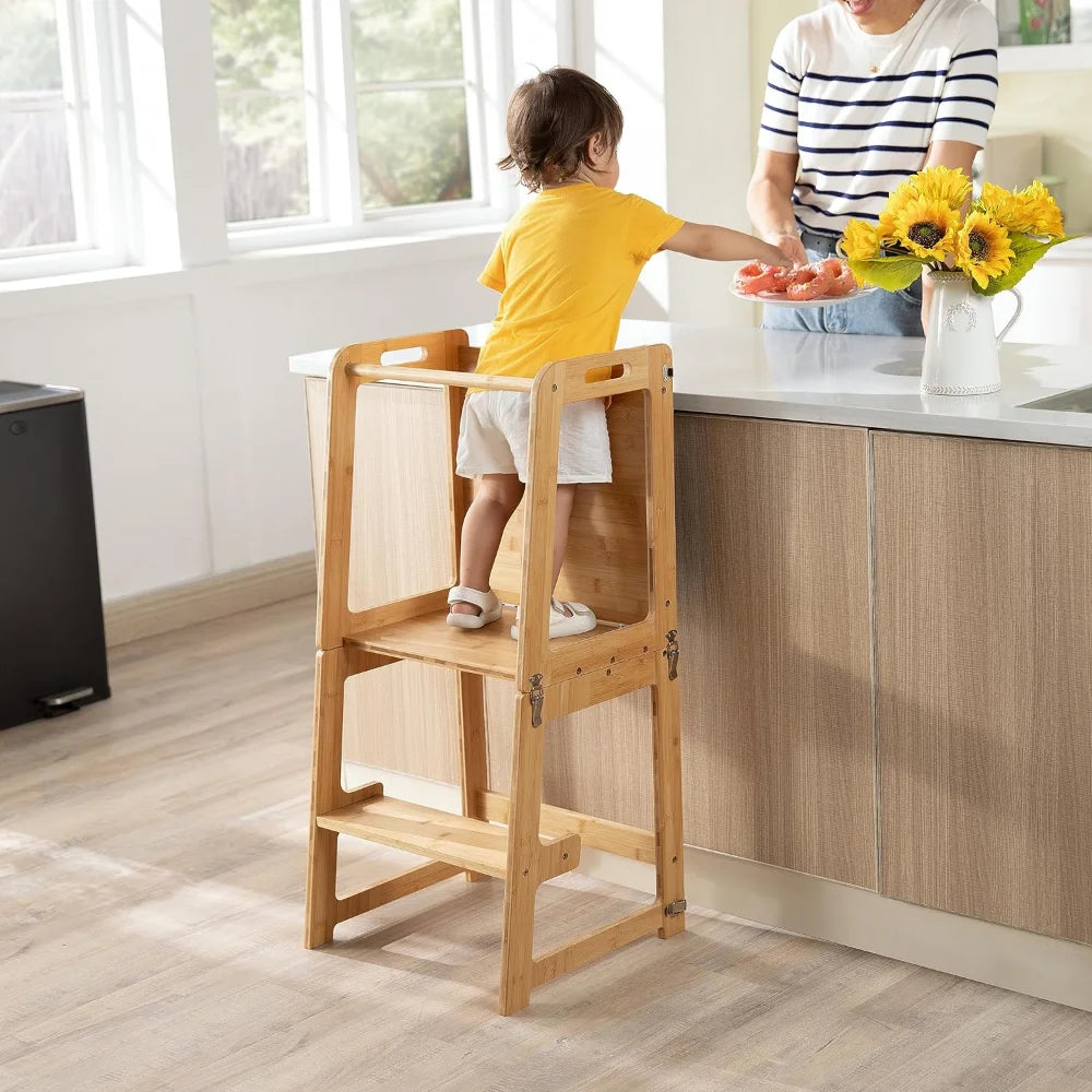 4-in-1 Standing Tower for Toddlers and Kids 1-6 Years, Bamboo Kitchen Learning Helper Stool with Chalkboard, Desk Table, - naiveniche