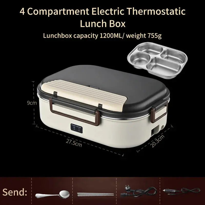 Stainless steel electric heated lunch box with 4 compartments, 1200ml capacity, and 755g weight for keeping food warm on the go.