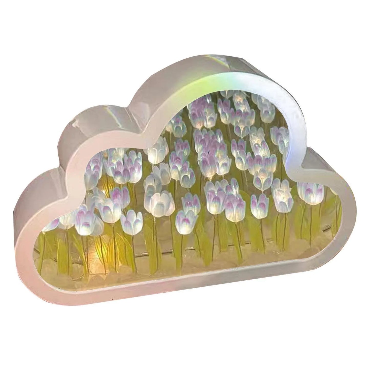 Decorative cloud-shaped LED night light with tulip-inspired mirror table lamps in a pastel color scheme, creating a whimsical and soothing bedroom ornament.