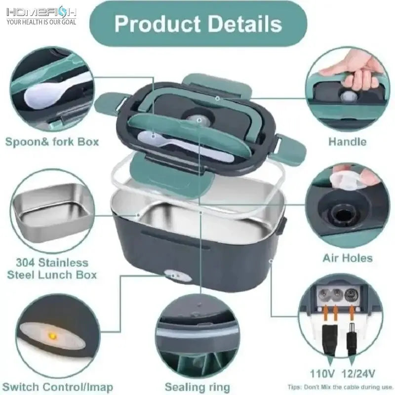 Portable electric lunch box with 304 stainless steel interior, fork and spoon set, handle, air holes, and switch control for home or car use.