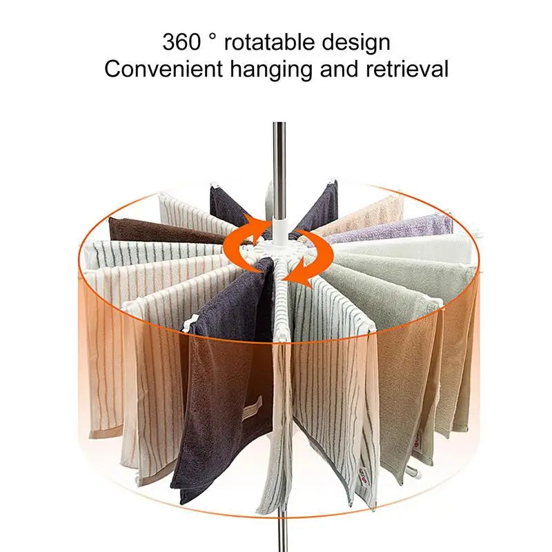 360° rotatable stainless steel indoor clothes drying rack with 3 tiers for convenient hanging and retrieval of laundry essentials.