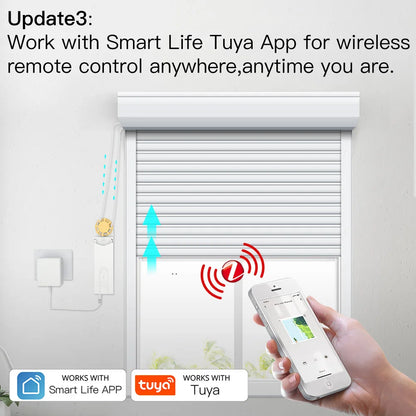Motorized smart home roller blinds and shades with Tuya app control for wireless remote access from anywhere, anytime.