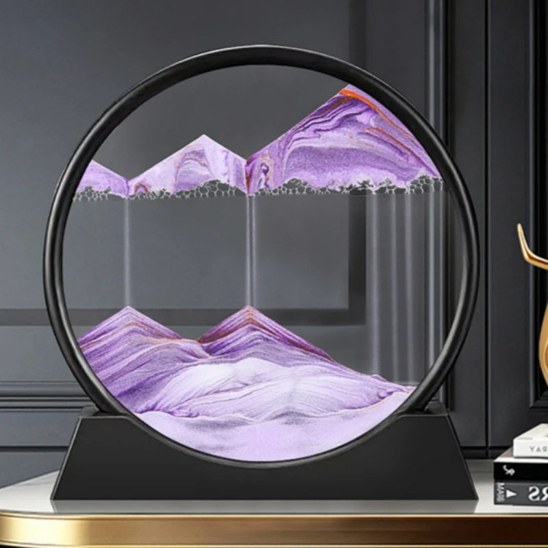 Elegant 3D Moving Sand Art Picture with Glass Round Frame Displaying Mesmerizing Purple and White Sandscape Hourglass Sculpture for Office or Home Decor