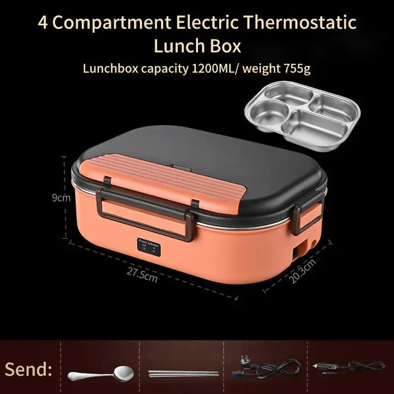 Stainless steel electric heated lunch box with 4 compartments, 1200ML capacity, and 755g weight, designed for keeping food warm at home or in the car