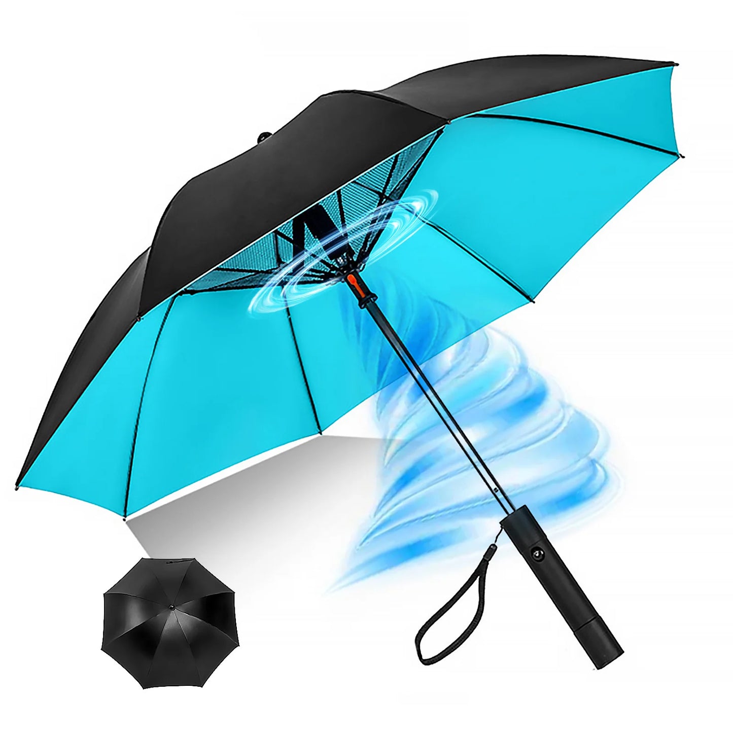 Portable Umbrella with Fan: Sleek black umbrella with vibrant turquoise canopy, USB rechargeable fan for cooling, and safety isolation mesh for UV protection.