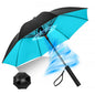 Portable Umbrella with Fan: Sleek black umbrella with vibrant turquoise canopy, USB rechargeable fan for cooling, and safety isolation mesh for UV protection.