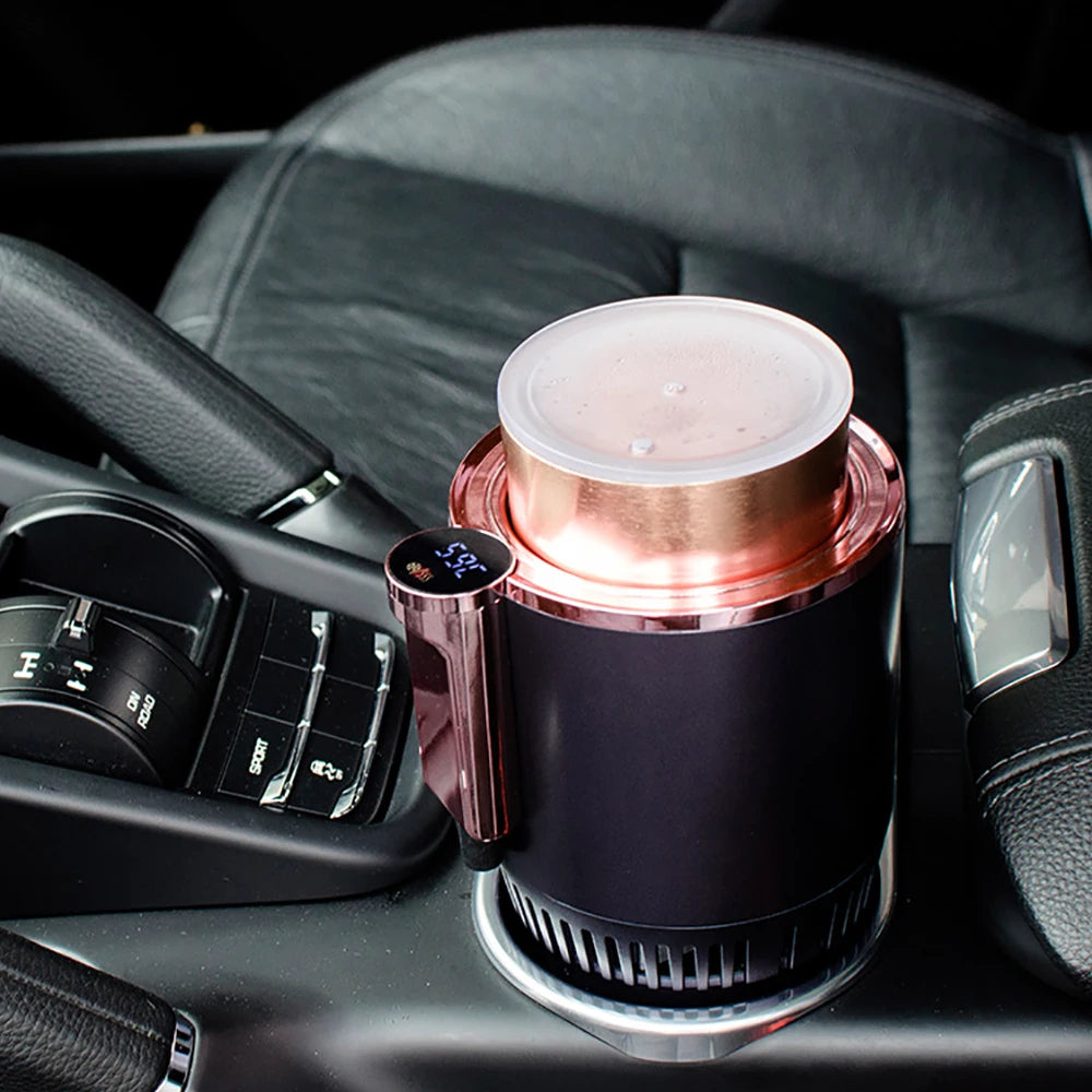 Sophisticated car accessory: Copper-toned and sleek car cold/hot cup with touch screen digital display, designed to seamlessly integrate into car's interior and provide temperature-controlled beverage convenience on the go.