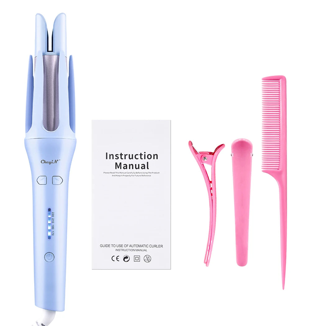 Automatic hair curler with ceramic roller, instruction manual, and styling tools. The product image shows a light blue automatic hair curling tool, an instruction manual, and two additional pink hair styling accessories - likely a comb and clips. These items are presented against a plain white background, highlighting the product features.